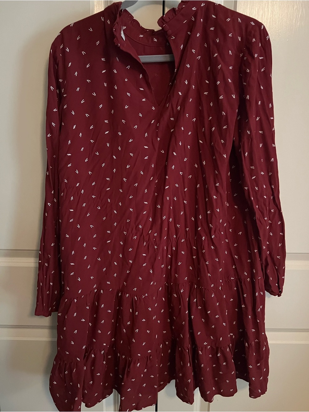LOFT Burgundy Long-Sleeve Printed Ruffle-Hem Dress